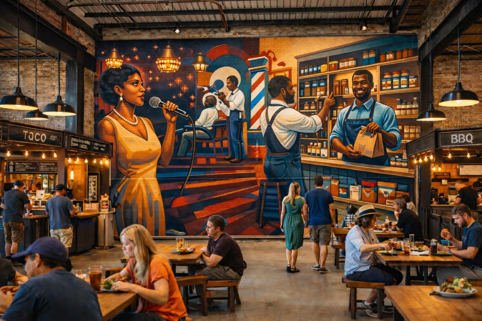 Concept rendering of the food hall interior with a floor-to-ceiling mural celebrating African-American entrepreneurs on this block